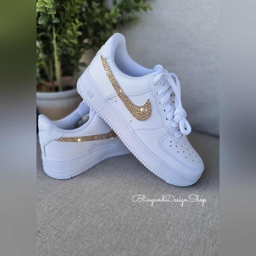 Women's Air Force 1 07 White Sneakers made with Gold Swarovski Crystals
